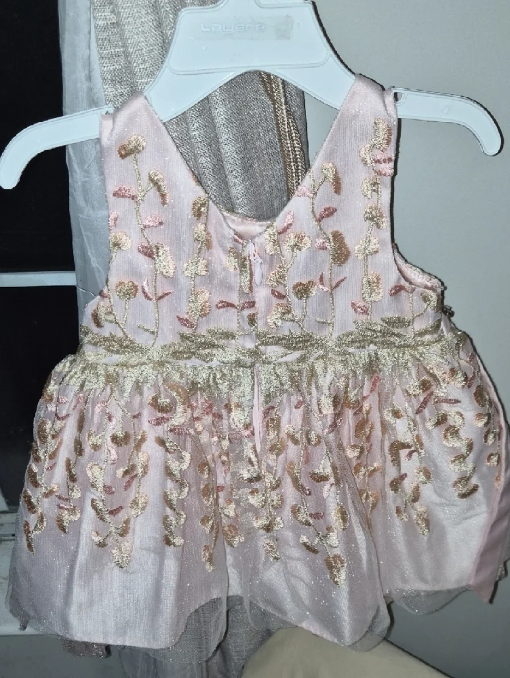 Girls' Pink Floral Embroidered Party Dress with Gold Accents